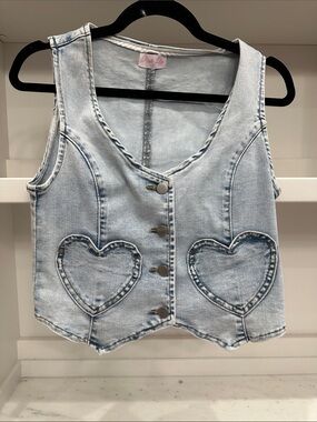Pink Lily small Faded Blue Denim Vest with Heart design. Like new